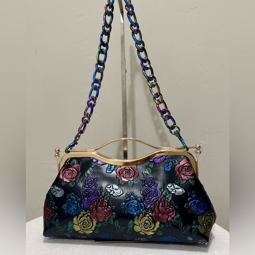 Colorful Rose Embossed Cowhide Handmade Top Handle & Double Kisslock Frame Bag